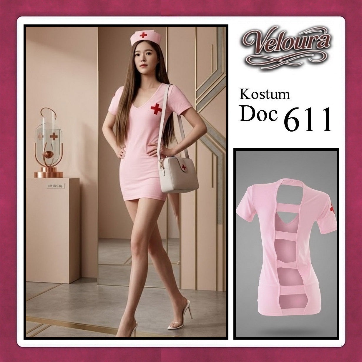 Veloura Doc Cosplay Set - Lingerie Kostum Suster Perawat Seksi Deep V-Neck Mini Dress 611