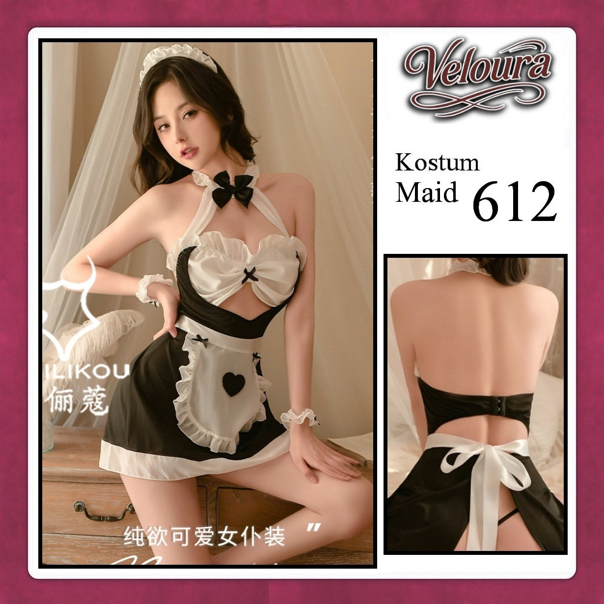 Veloura Maid Cosplay Set - Lingerie Kostum Pelayan Seksi Apron Keyhole Halter Dress 612