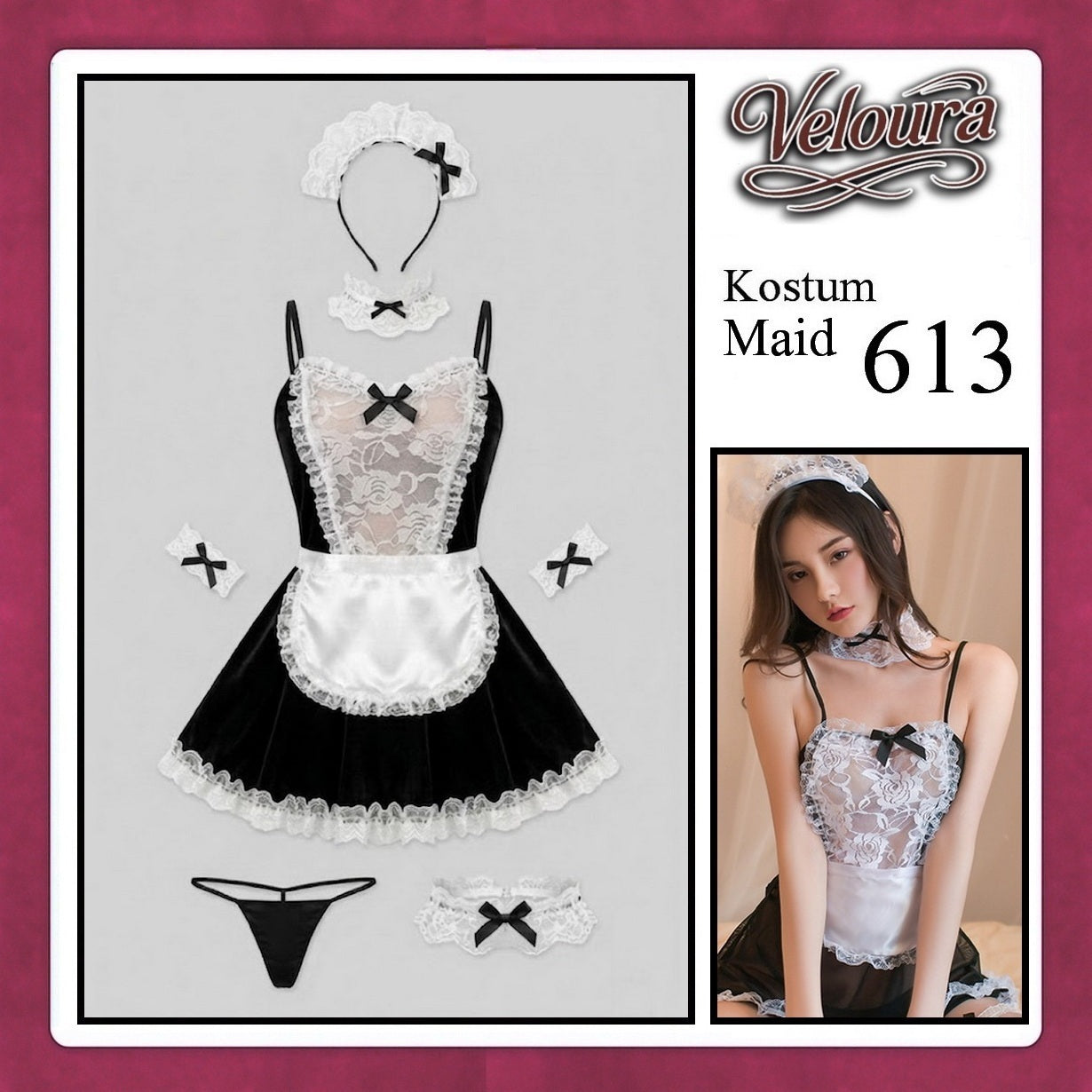Veloura Maid Cosplay Set - Lingerie Kostum Pelayan Seksi Sheer Lace Apron Dress 613