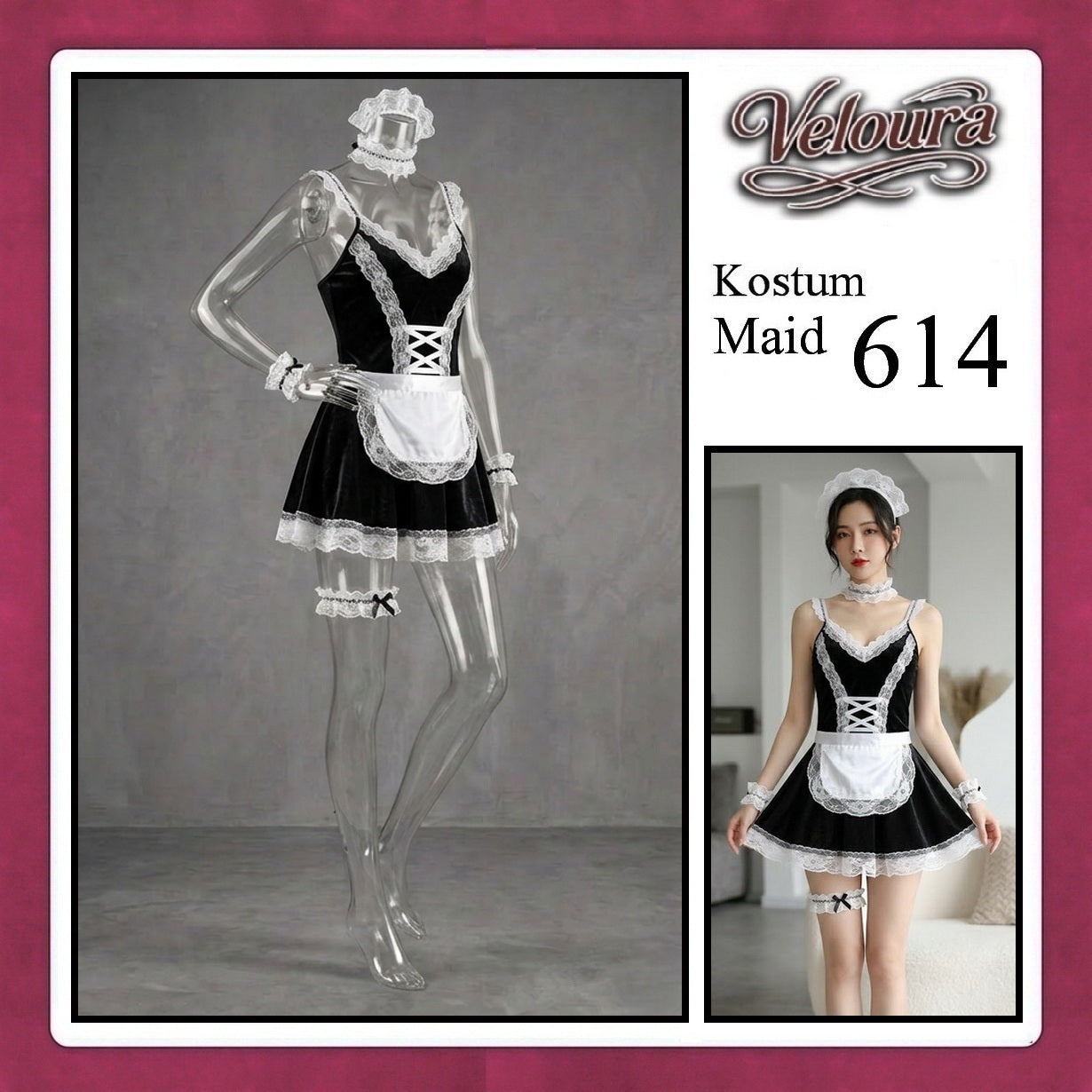 Veloura Maid Cosplay Set - Lingerie Kostum Pelayan Seksi Velvet Lace Corset Dress 614