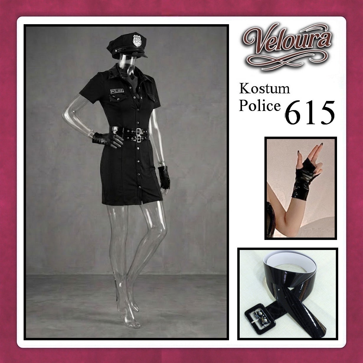 Veloura Police Cosplay Set - Lingerie Kostum Polwan Seksi Leather-Accent Bodycon Dress 615