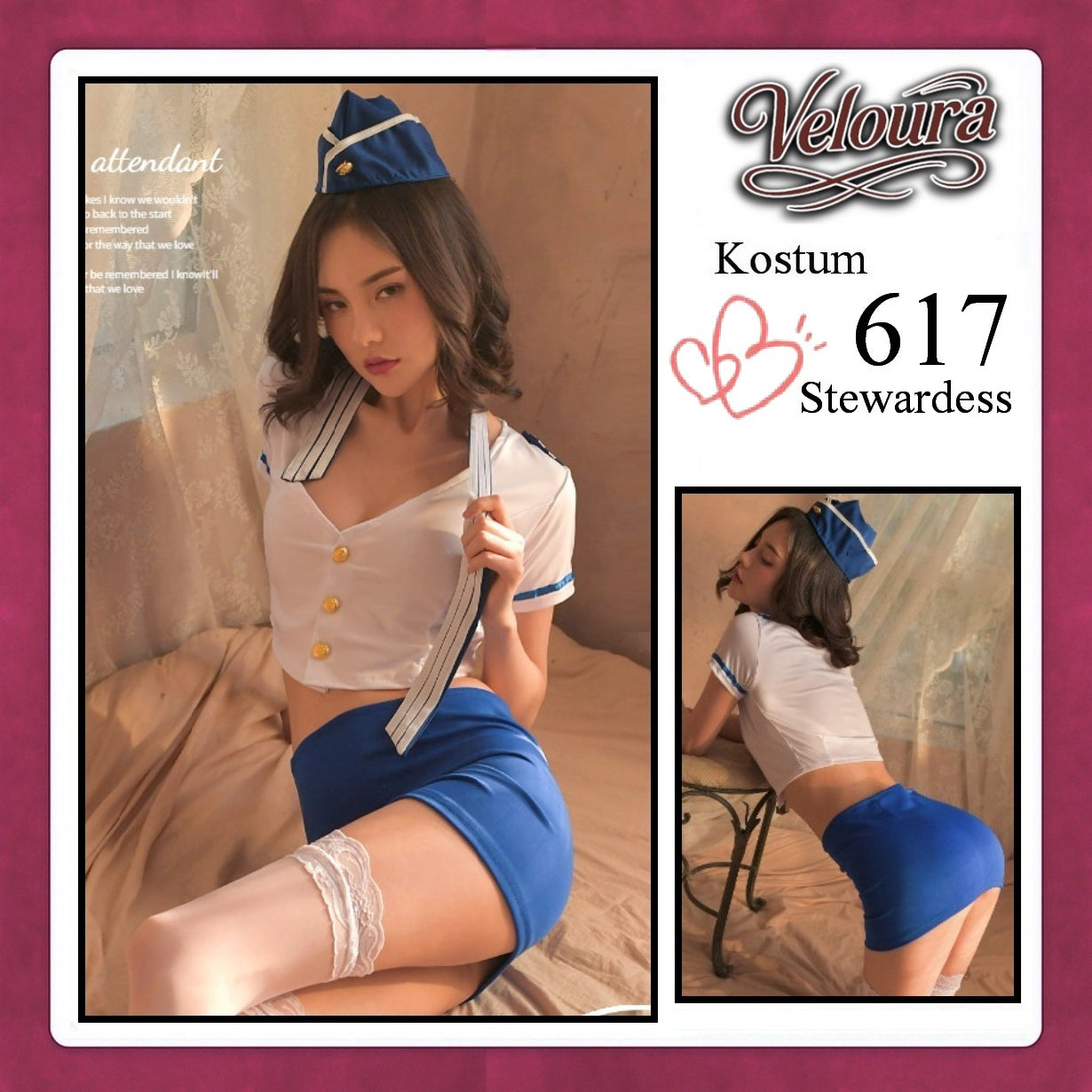 Veloura Stewardess Cosplay Set 617 - Lingerie Kostum Pramugari Seksi Crop Blouse Mini Skirt
