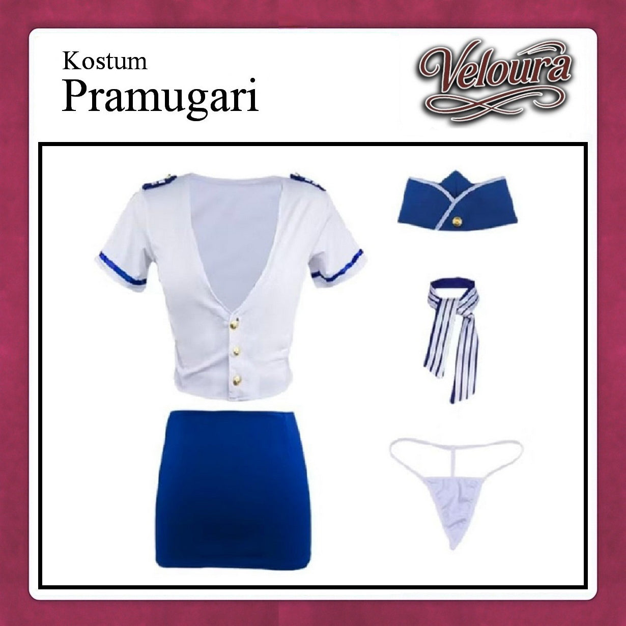 Veloura Stewardess Cosplay Set 617 - Lingerie Kostum Pramugari Seksi Crop Blouse Mini Skirt