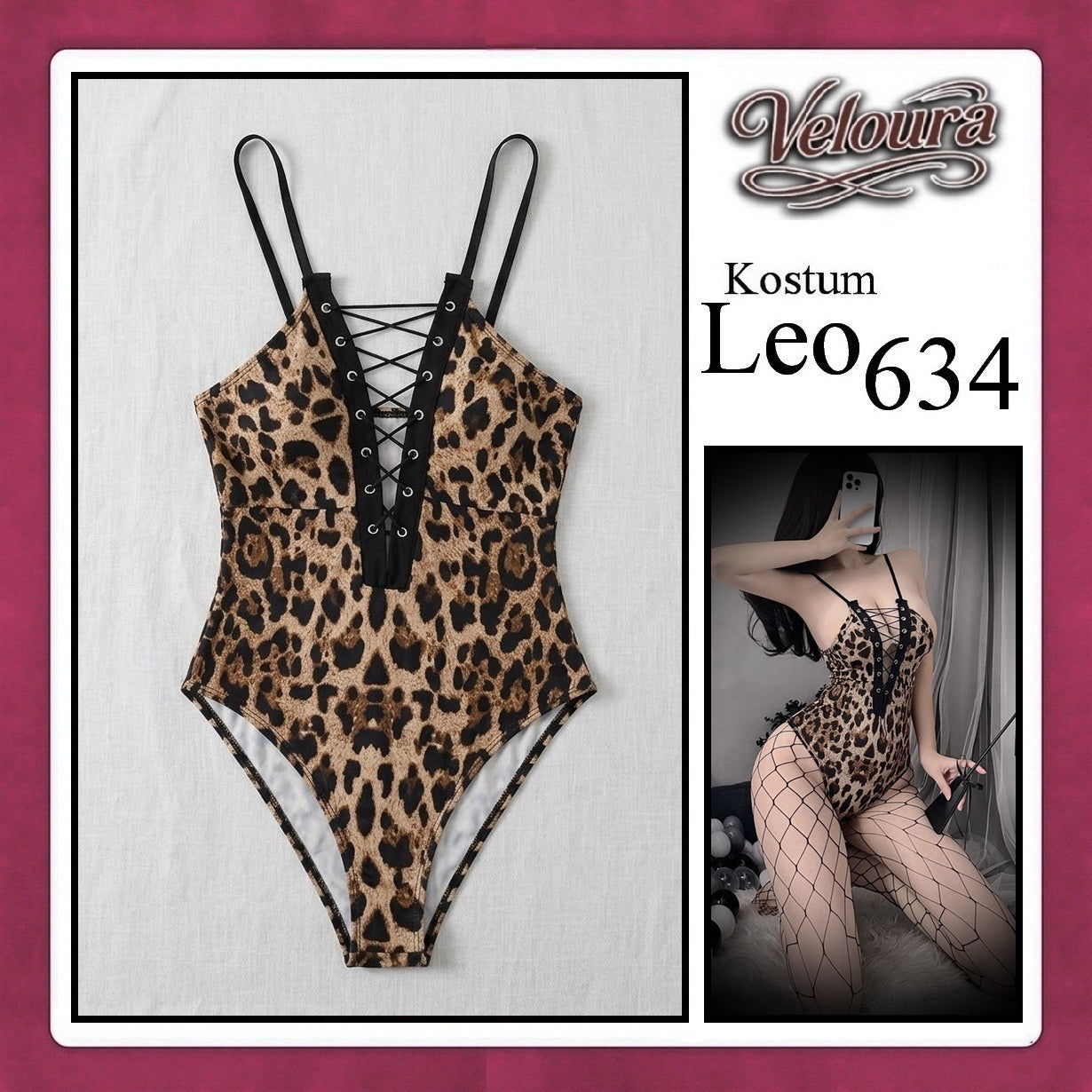 Veloura Leo Cosplay Set - Lingerie Kostum Macan Tutul Seksi One-Piece Lace-Up Bodysuit 634