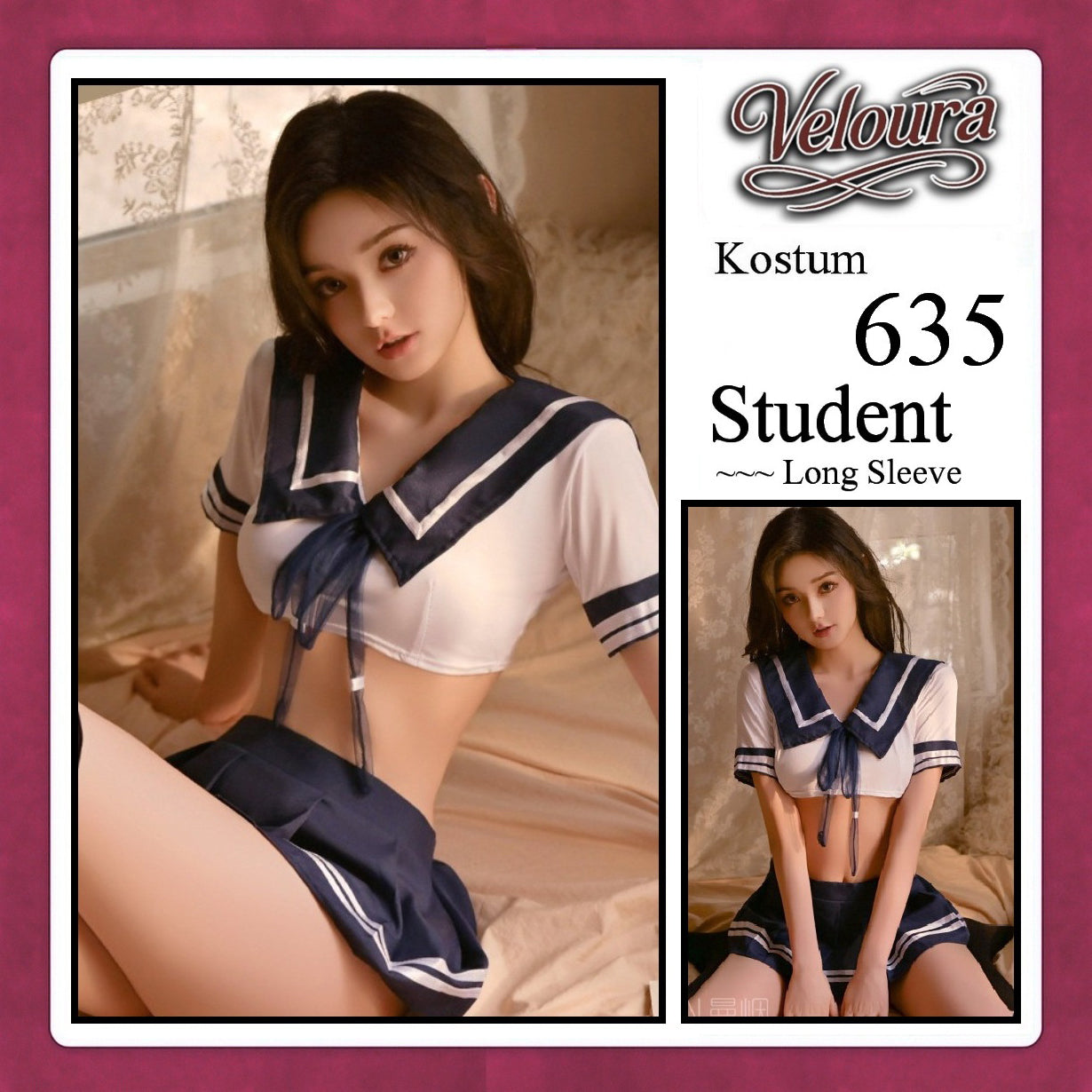 Veloura Student Cosplay Set - Lingerie Kostum Seragam Sekolah Seksi Sailor Crop Top & Pleated Mini Skirt 635