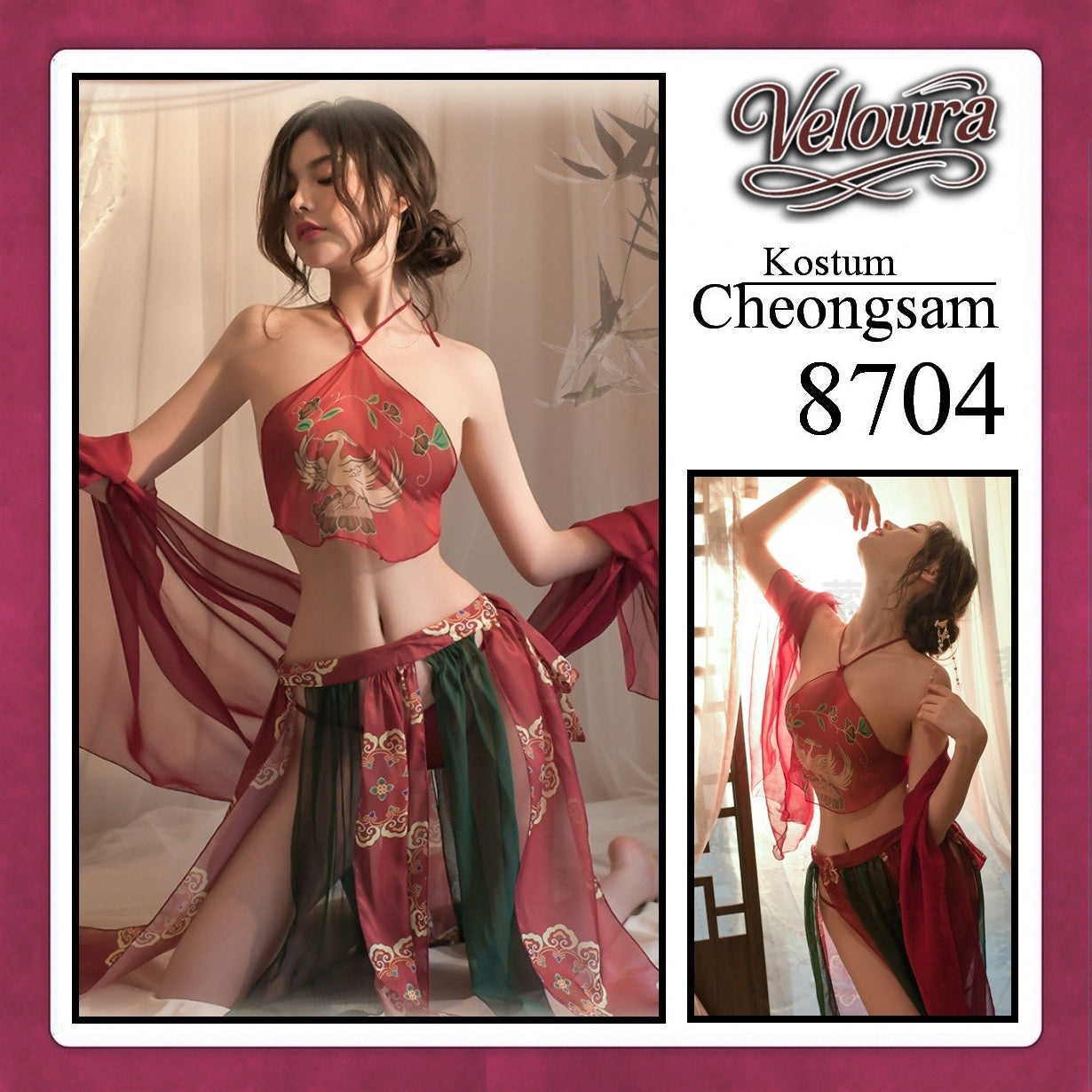 Veloura Pakaian Cheongsam Mini Kostum Lingerie Set Dress Sexy Model Baju China 8704