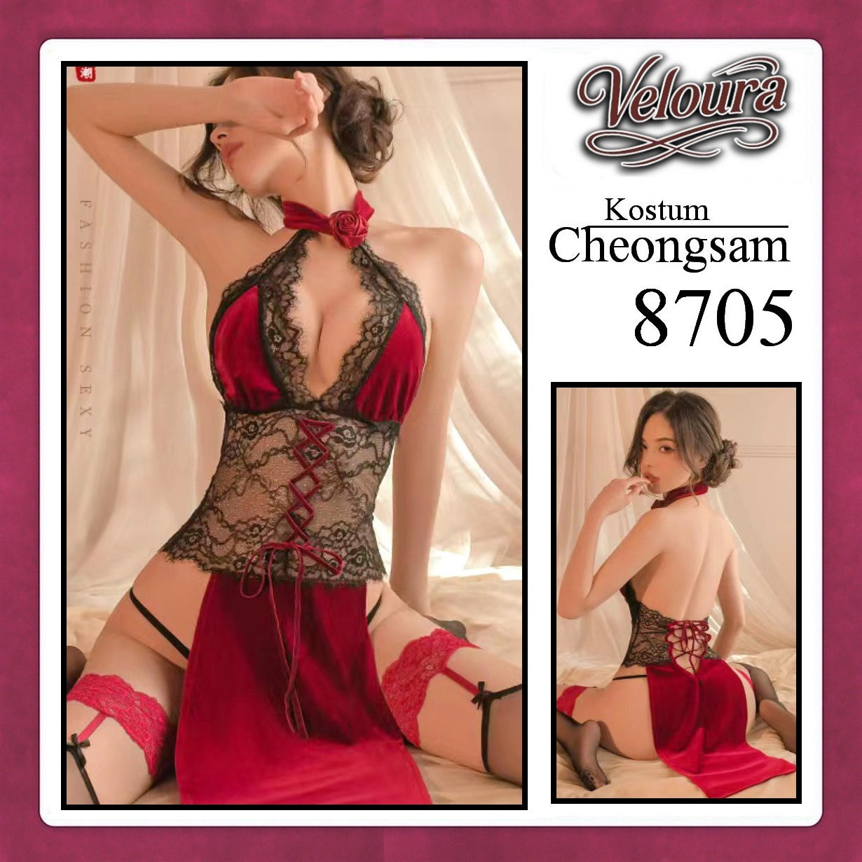 Veloura Pakaian Cheongsam Mini Kostum Lingerie Set Dress Sexy Model Baju China 8705