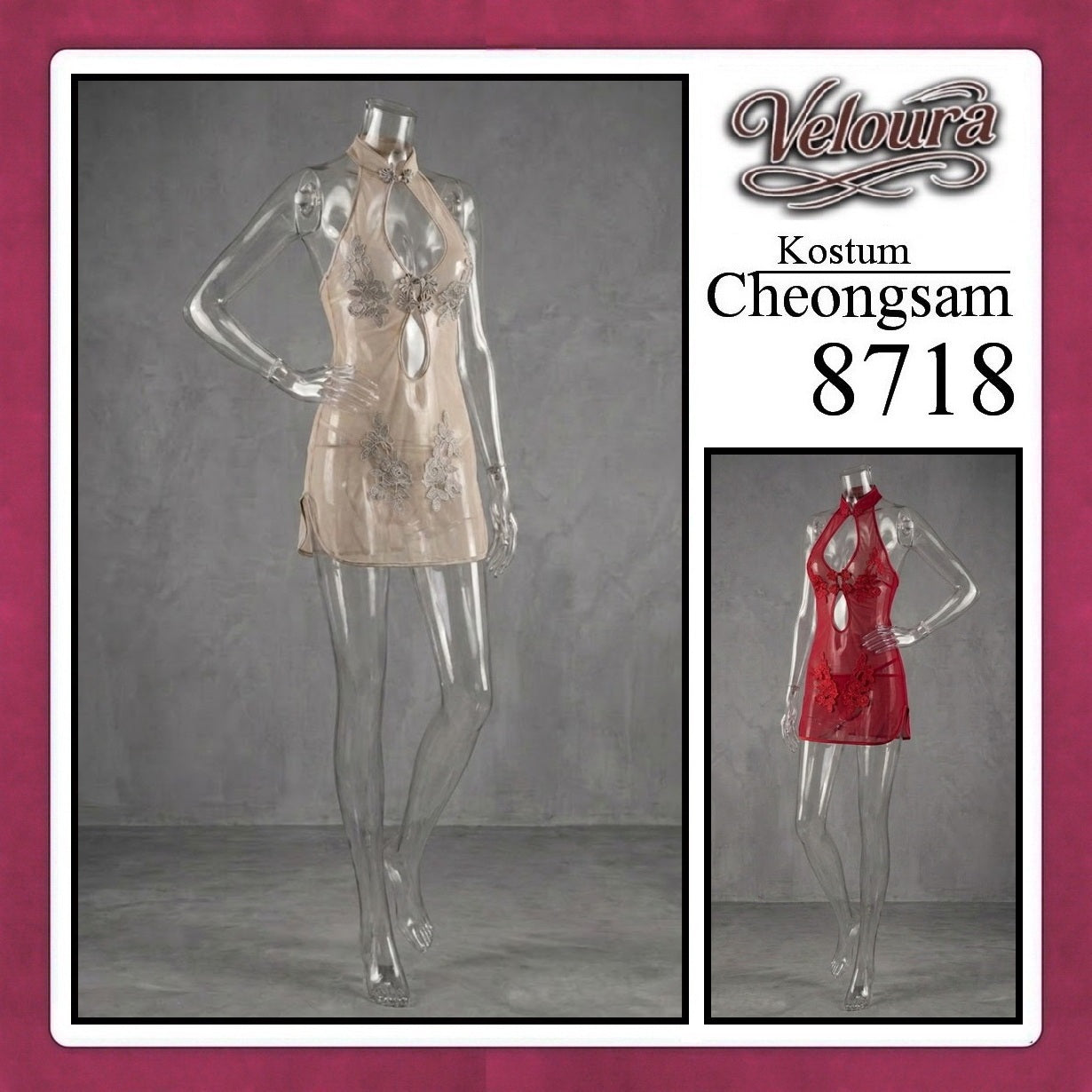 Veloura Pakaian Cheongsam Mini Kostum Lingerie Set Dress Sexy Model Baju China Red And White 8718