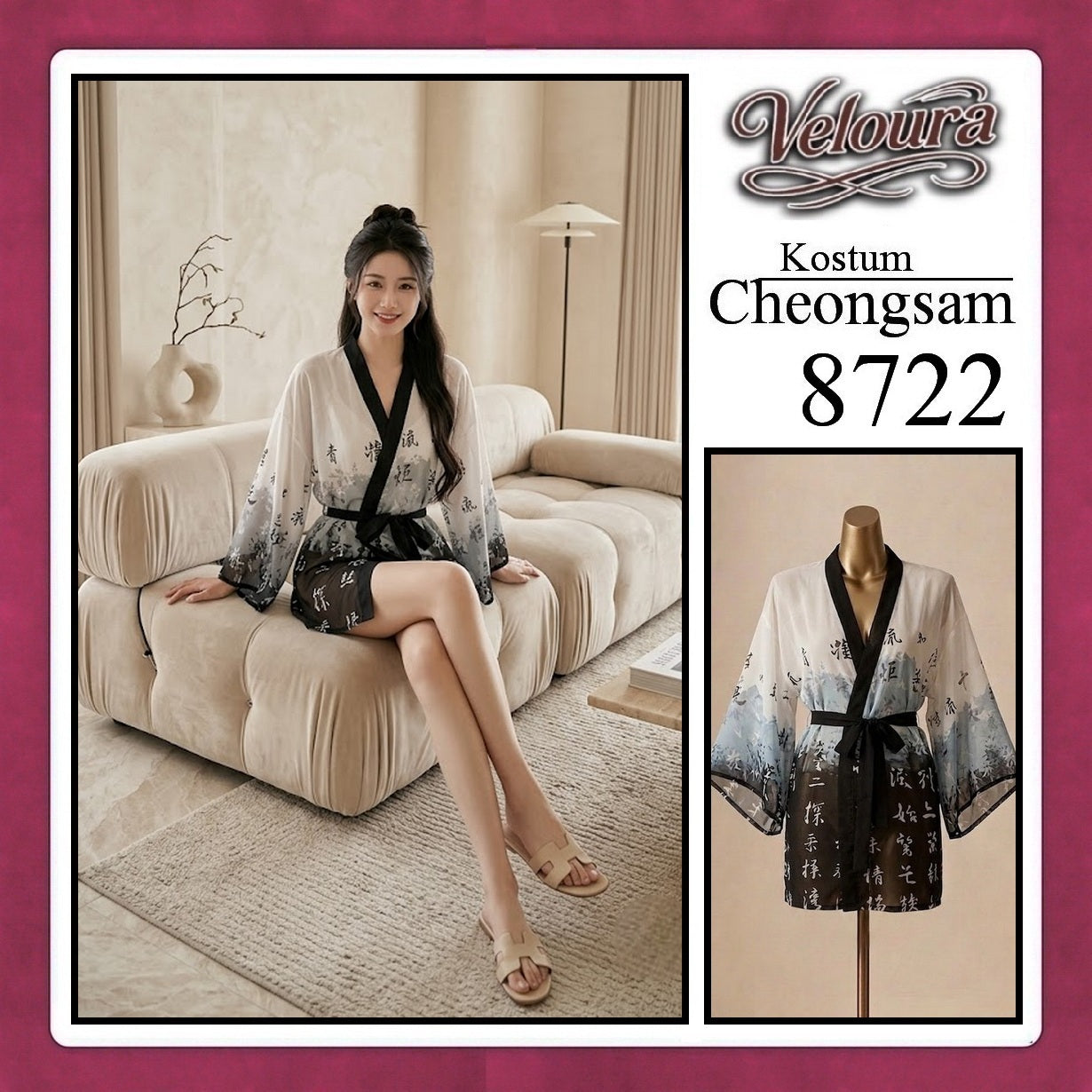Veloura Pakaian Cheongsam Mini Kostum Lingerie Set Dress Sexy Model Baju China 8722