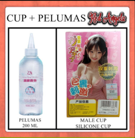 Product packaging with a bottle labeled 'PELUMAS 200 ML' and a promotional image of a person wearing a product, branded 'Red Angels'.