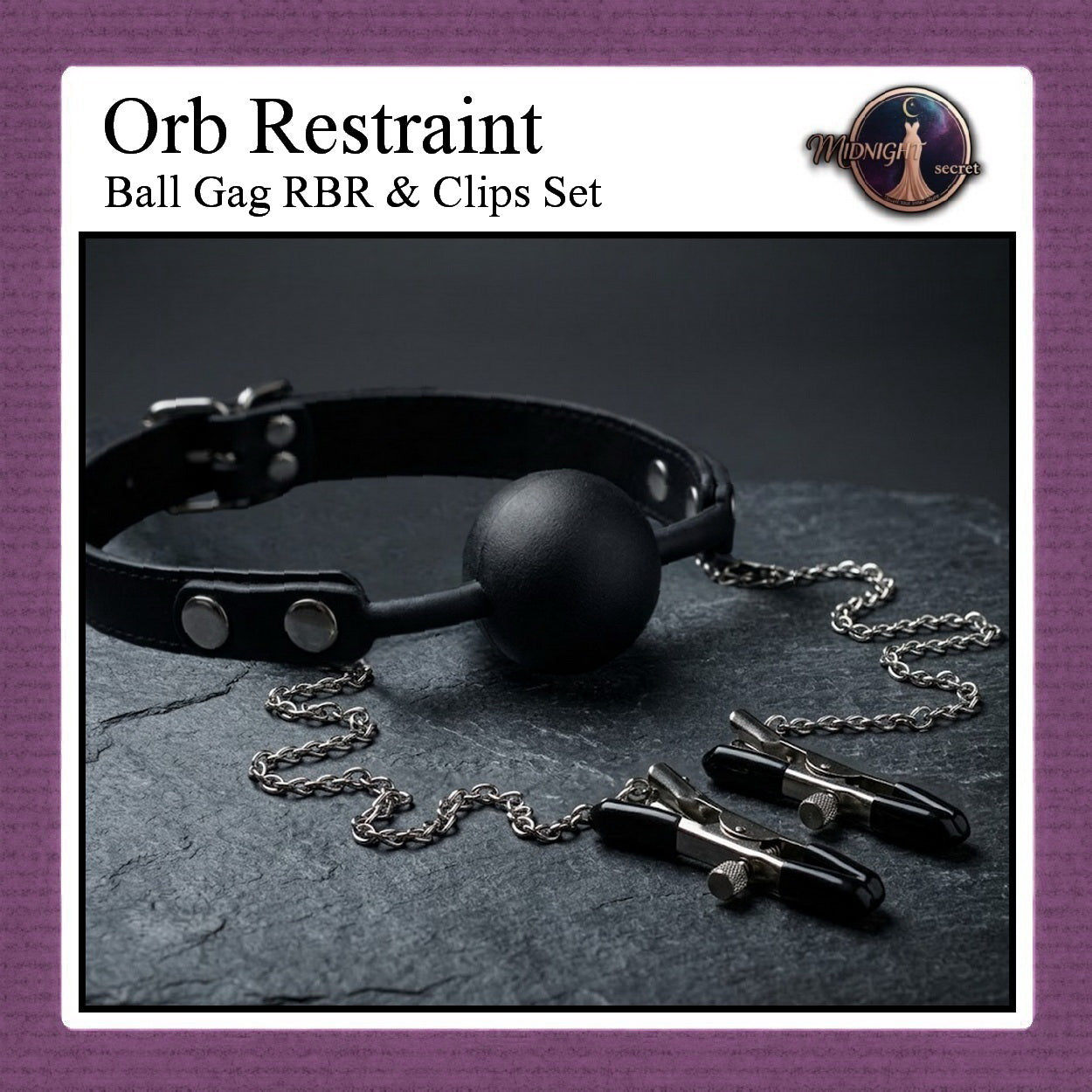 Midnight Mouth GAG - Silent Command - Ball Gag RBR & Nipple Clips Set