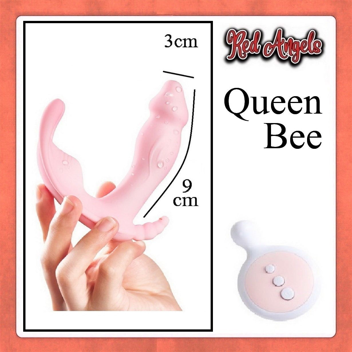 Pink silicone product held by a hand with measurements, branded 'Red Angels Queen Bee' on a peach-colored border.