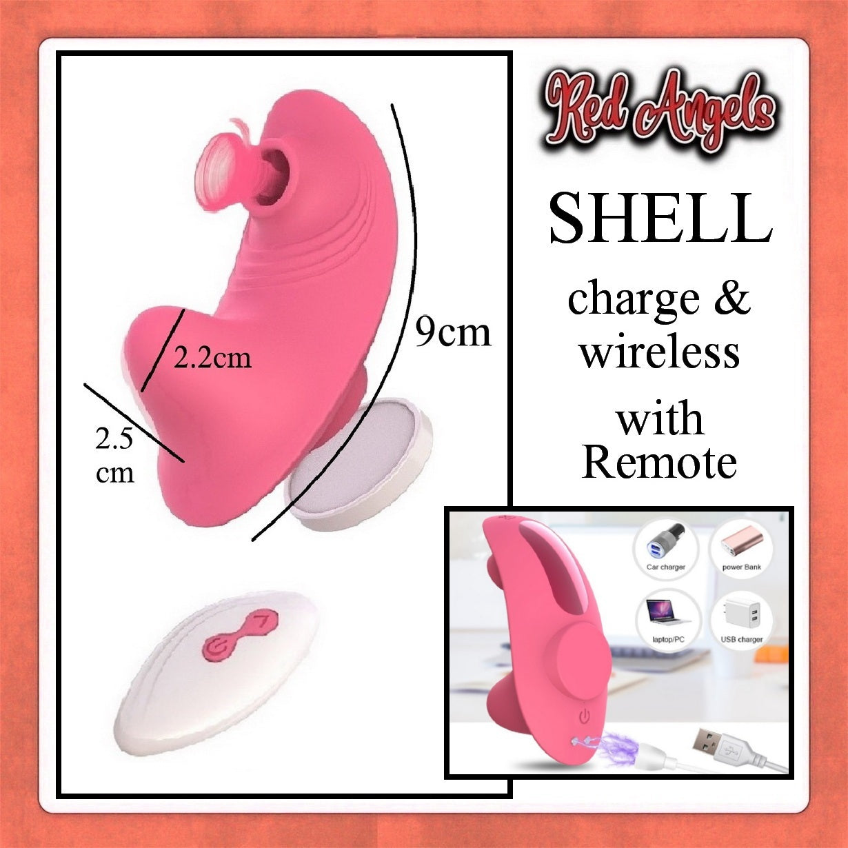Pink shell-shaped device with measurements and 'Red Angels' branding on a white background.
