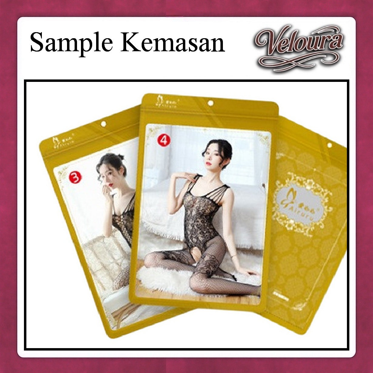 Veloura packaging with images of a woman wearing lingerie on a white background
