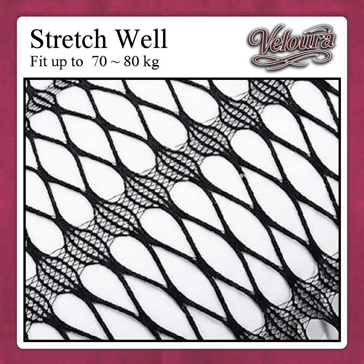 Veloura stretch well product with black and white mesh design on a maroon background