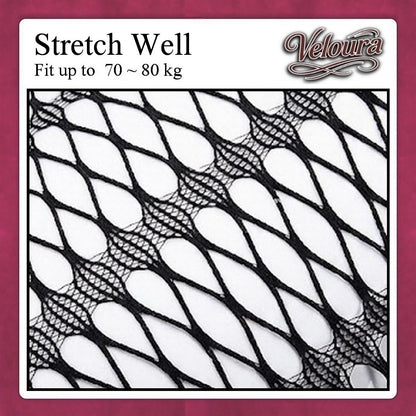 Veloura stretch well product with black and white mesh design on a maroon background