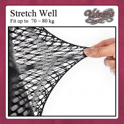 Veloura product showing stretchability with a hand pulling on a mesh material, labeled 'Stretch Well'.