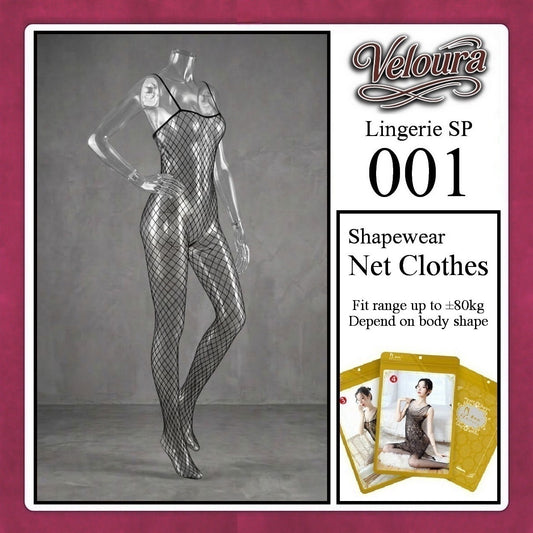 Shapewear net clothing on a mannequin with Veloura branding and product details.