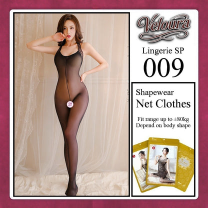 Model wearing a black shapewear net outfit with Veloura branding and product details.