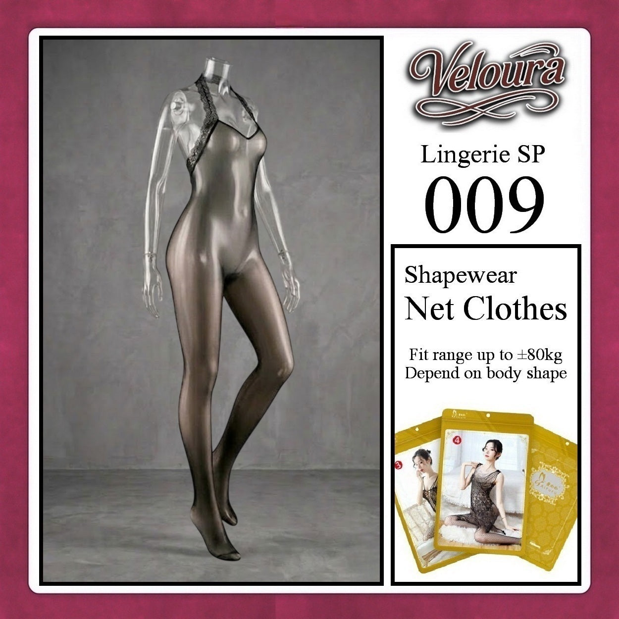 Shapewear net clothes on a mannequin with Veloura branding and product details.