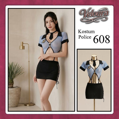 Veloura Police Cosplay Set - Lingerie Kostum Polwan Seksi Sheer Mesh Officer 608 + STOCKING