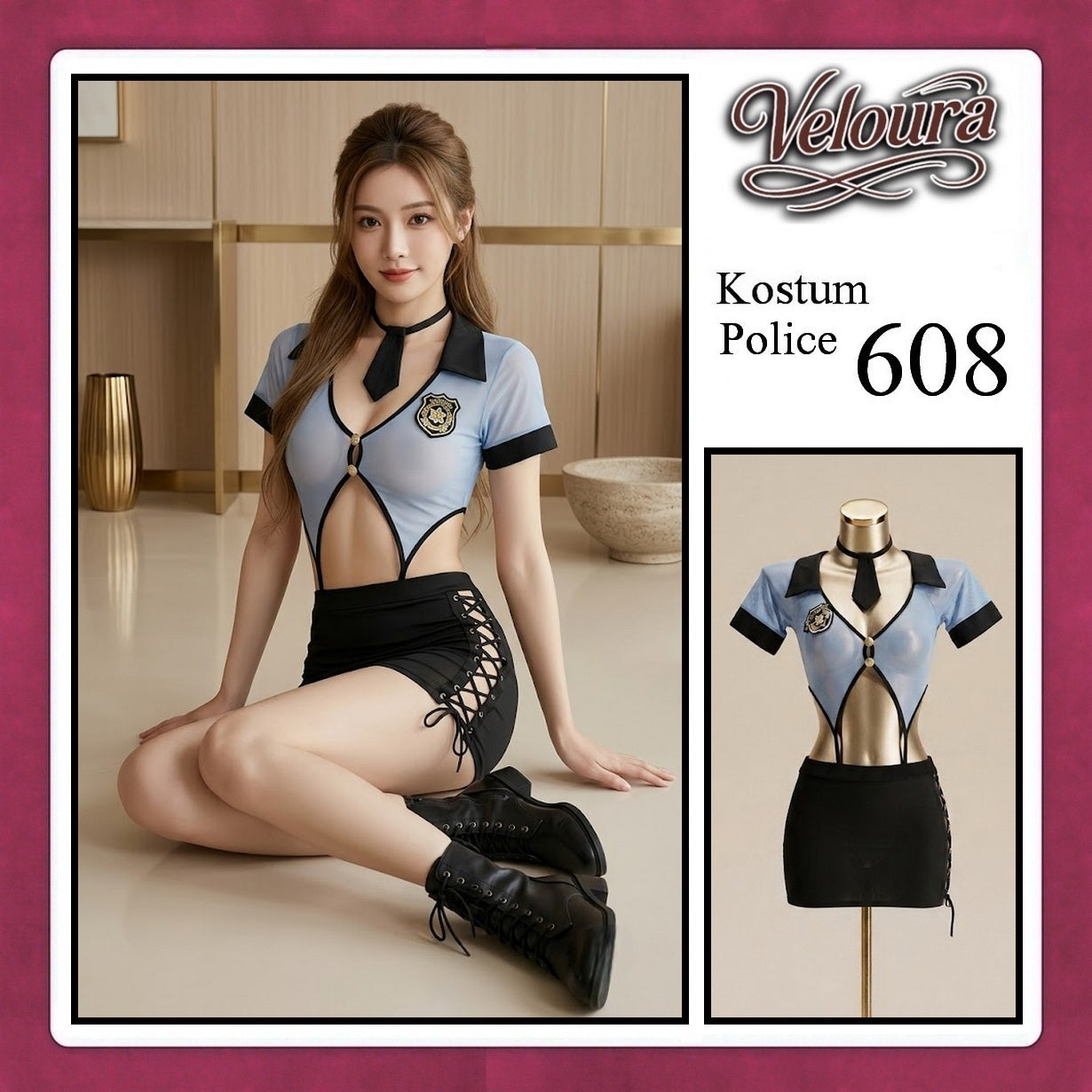 Veloura Police Cosplay Set - Lingerie Kostum Polwan Seksi Sheer Mesh Officer 608 + STOCKING