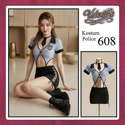 Veloura Police Cosplay Set - Lingerie Kostum Polwan Seksi Sheer Mesh Officer 608 + STOCKING