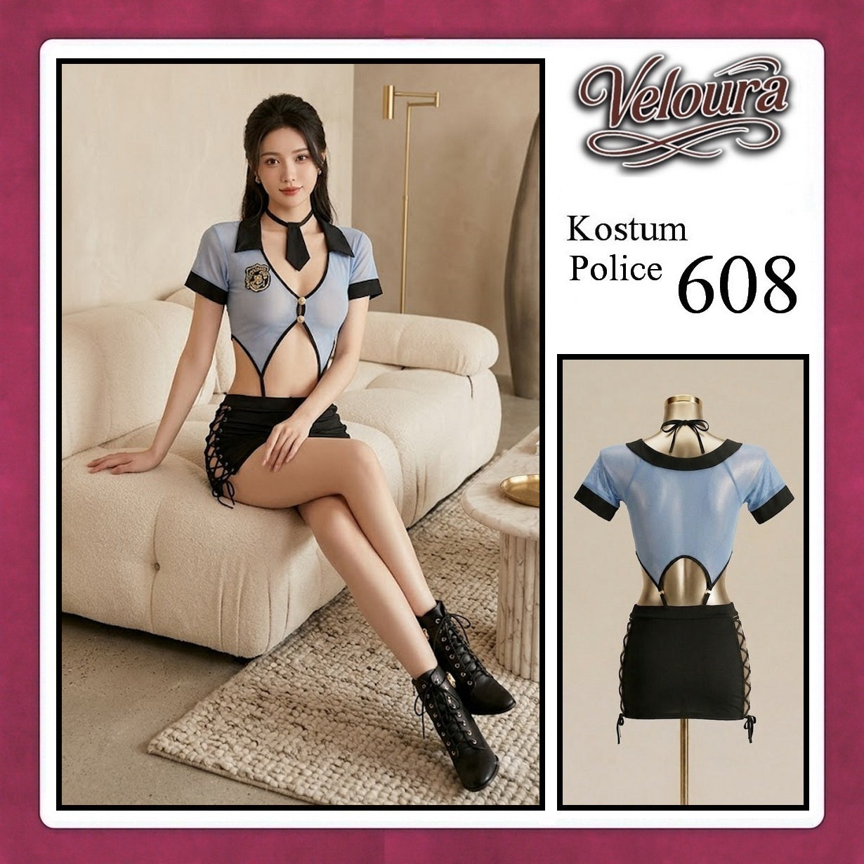 Veloura Police Cosplay Set - Lingerie Kostum Polwan Seksi Sheer Mesh Officer 608 + STOCKING