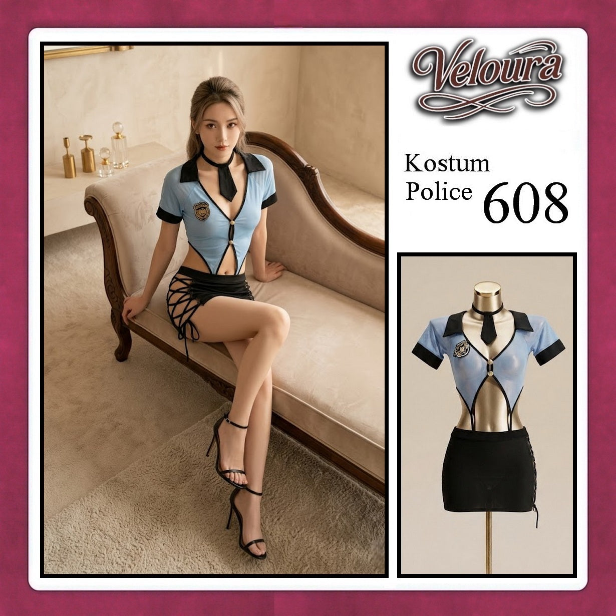 Veloura Police Cosplay Set - Lingerie Kostum Polwan Seksi Sheer Mesh Officer 608 + STOCKING