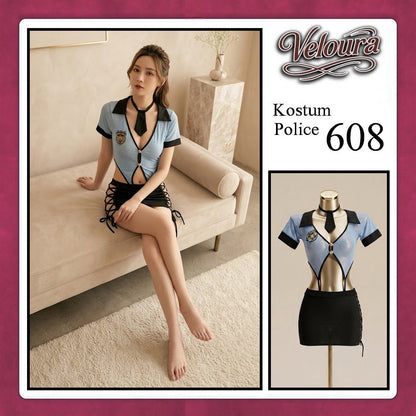 Veloura Police Cosplay Set - Lingerie Kostum Polwan Seksi Sheer Mesh Officer 608 + STOCKING