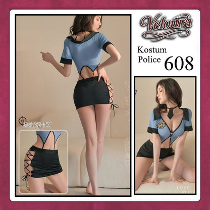 Veloura Police Cosplay Set - Lingerie Kostum Polwan Seksi Sheer Mesh Officer 608 + STOCKING