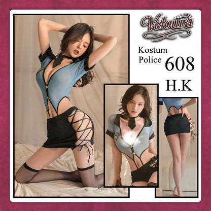 Veloura Police Cosplay Set - Lingerie Kostum Polwan Seksi Sheer Mesh Officer 608 + STOCKING