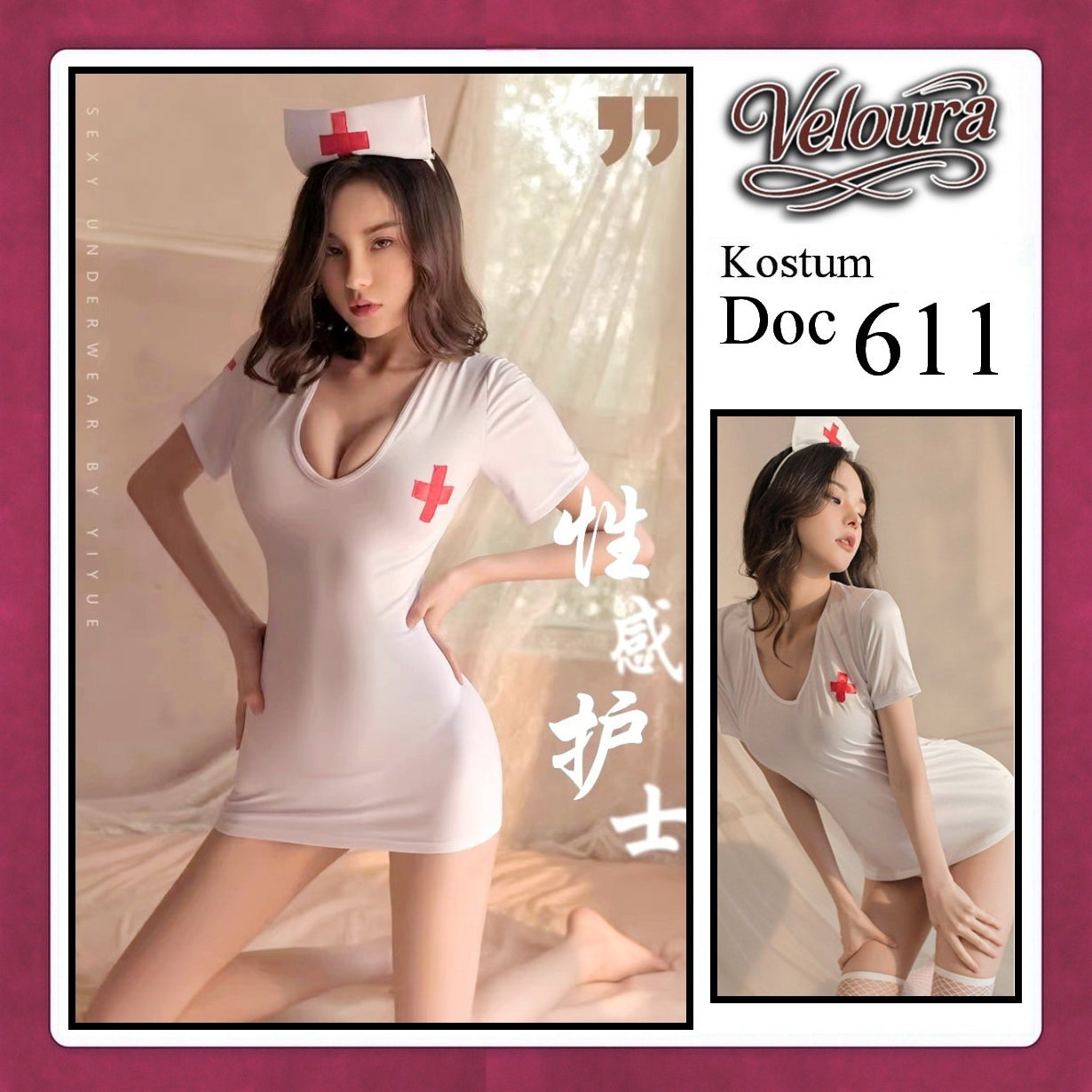Veloura Doc Cosplay Set - Lingerie Kostum Suster Perawat Seksi Deep V-Neck Mini Dress 611