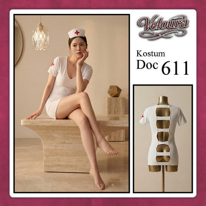 Veloura Doc Cosplay Set - Lingerie Kostum Suster Perawat Seksi Deep V-Neck Mini Dress 611