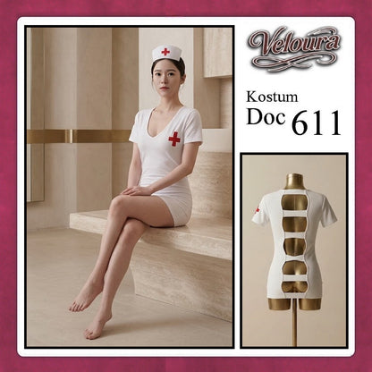 Veloura Doc Cosplay Set - Lingerie Kostum Suster Perawat Seksi Deep V-Neck Mini Dress 611