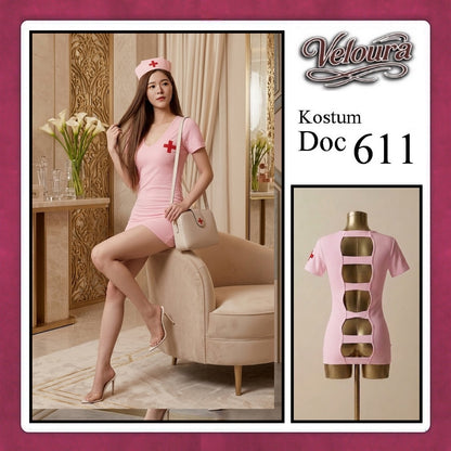 Veloura Doc Cosplay Set - Lingerie Kostum Suster Perawat Seksi Deep V-Neck Mini Dress 611