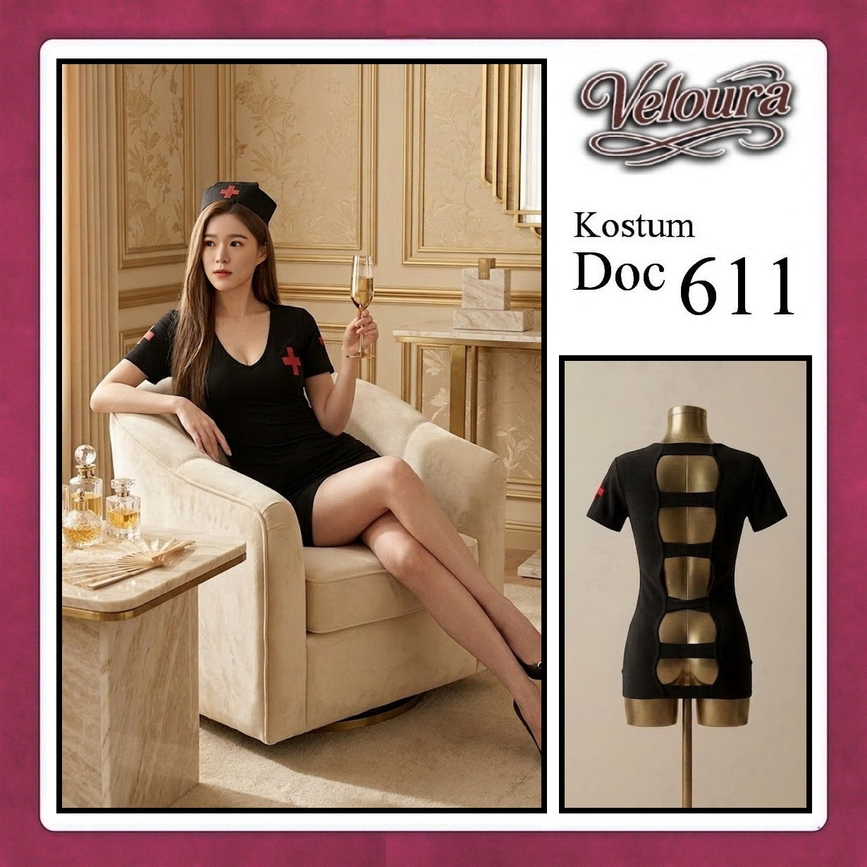 Veloura Doc Cosplay Set - Lingerie Kostum Suster Perawat Seksi Deep V-Neck Mini Dress 611
