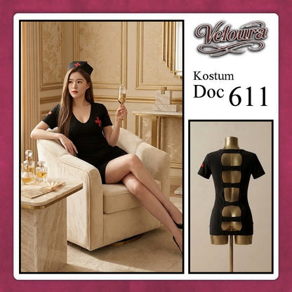 Veloura Doc Cosplay Set - Lingerie Kostum Suster Perawat Seksi Deep V-Neck Mini Dress 611