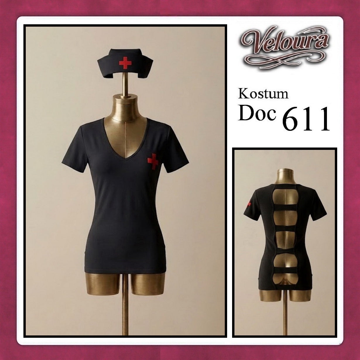 Veloura Doc Cosplay Set - Lingerie Kostum Suster Perawat Seksi Deep V-Neck Mini Dress 611