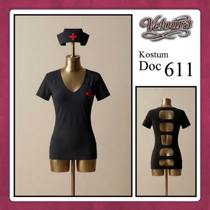 Veloura Doc Cosplay Set - Lingerie Kostum Suster Perawat Seksi Deep V-Neck Mini Dress 611