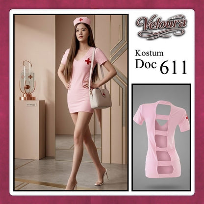 Veloura Doc Cosplay Set - Lingerie Kostum Suster Perawat Seksi Deep V-Neck Mini Dress 611