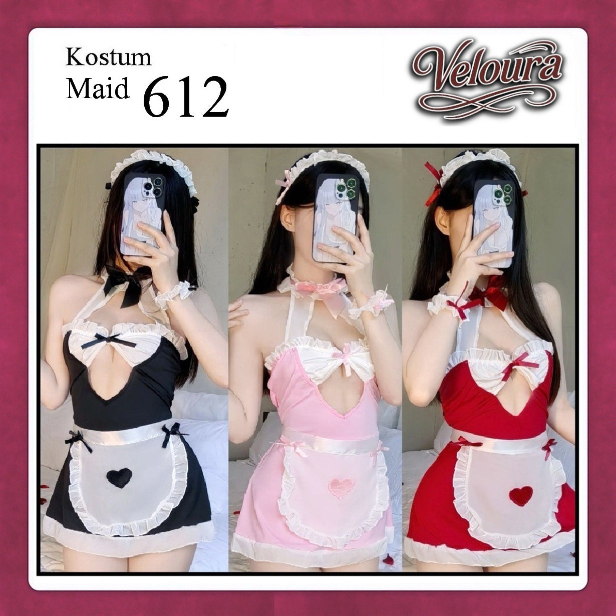 Veloura Maid Cosplay Set - Lingerie Kostum Pelayan Seksi Apron Keyhole Halter Dress 612