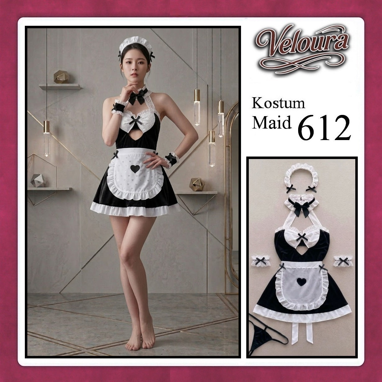Veloura Maid Cosplay Set - Lingerie Kostum Pelayan Seksi Apron Keyhole Halter Dress 612