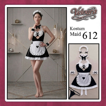 Veloura Maid Cosplay Set - Lingerie Kostum Pelayan Seksi Apron Keyhole Halter Dress 612