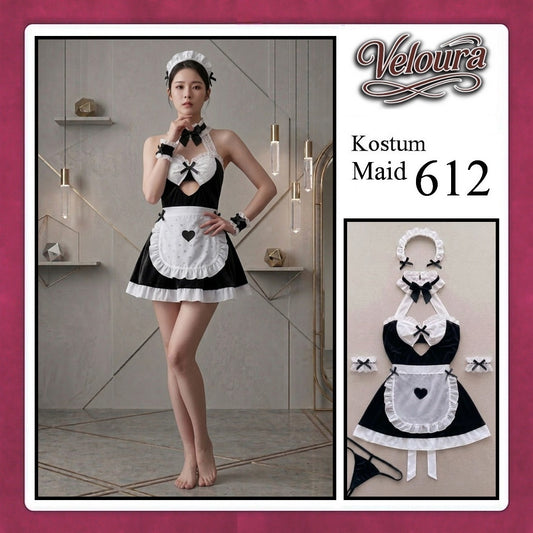 Veloura Maid Cosplay Set - Lingerie Kostum Pelayan Seksi Apron Keyhole Halter Dress 612