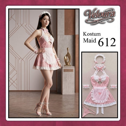 Veloura Maid Cosplay Set - Lingerie Kostum Pelayan Seksi Apron Keyhole Halter Dress 612