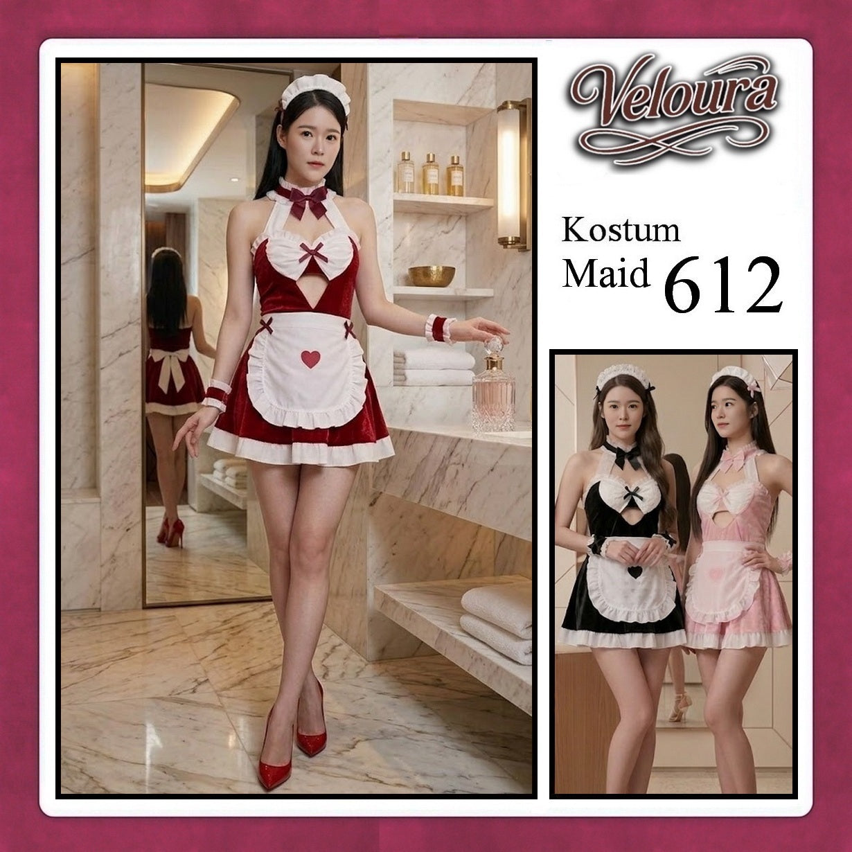 Veloura Maid Cosplay Set - Lingerie Kostum Pelayan Seksi Apron Keyhole Halter Dress 612