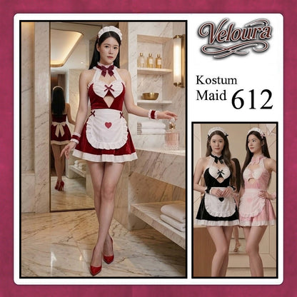 Veloura Maid Cosplay Set - Lingerie Kostum Pelayan Seksi Apron Keyhole Halter Dress 612