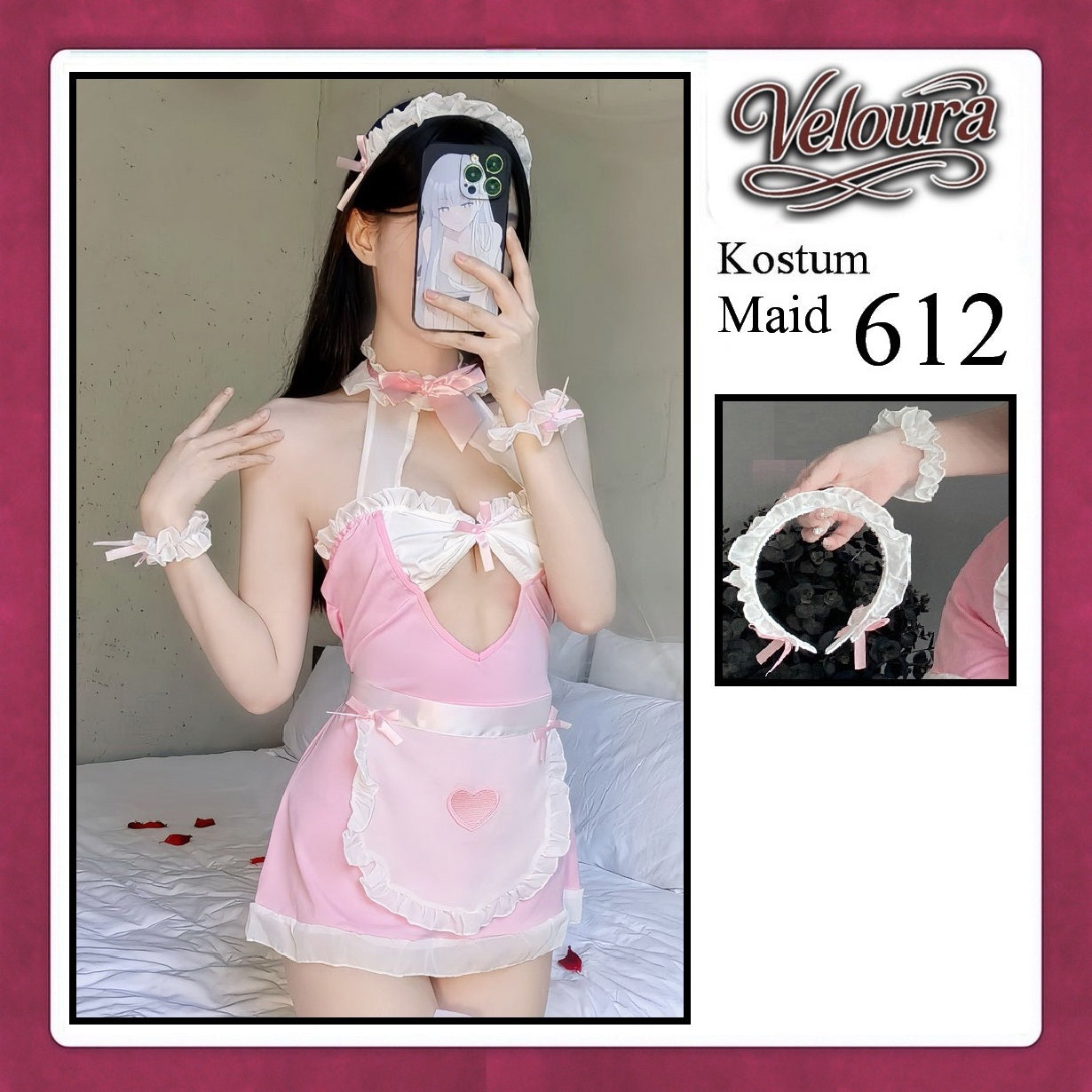 Veloura Maid Cosplay Set - Lingerie Kostum Pelayan Seksi Apron Keyhole Halter Dress 612