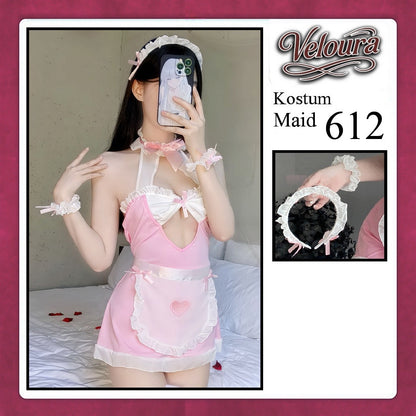 Veloura Maid Cosplay Set - Lingerie Kostum Pelayan Seksi Apron Keyhole Halter Dress 612